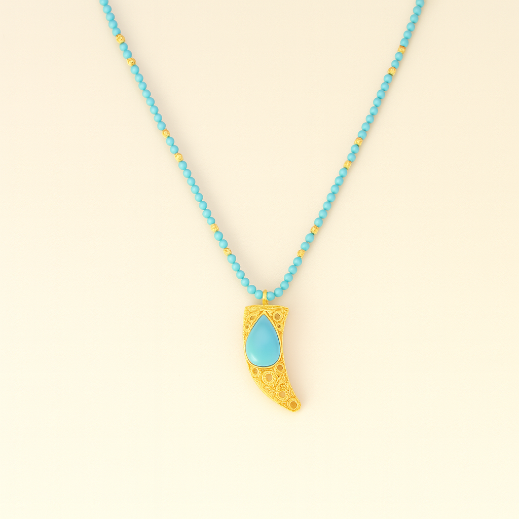 Necklace with blue beads and a yellow pendant on a beige background