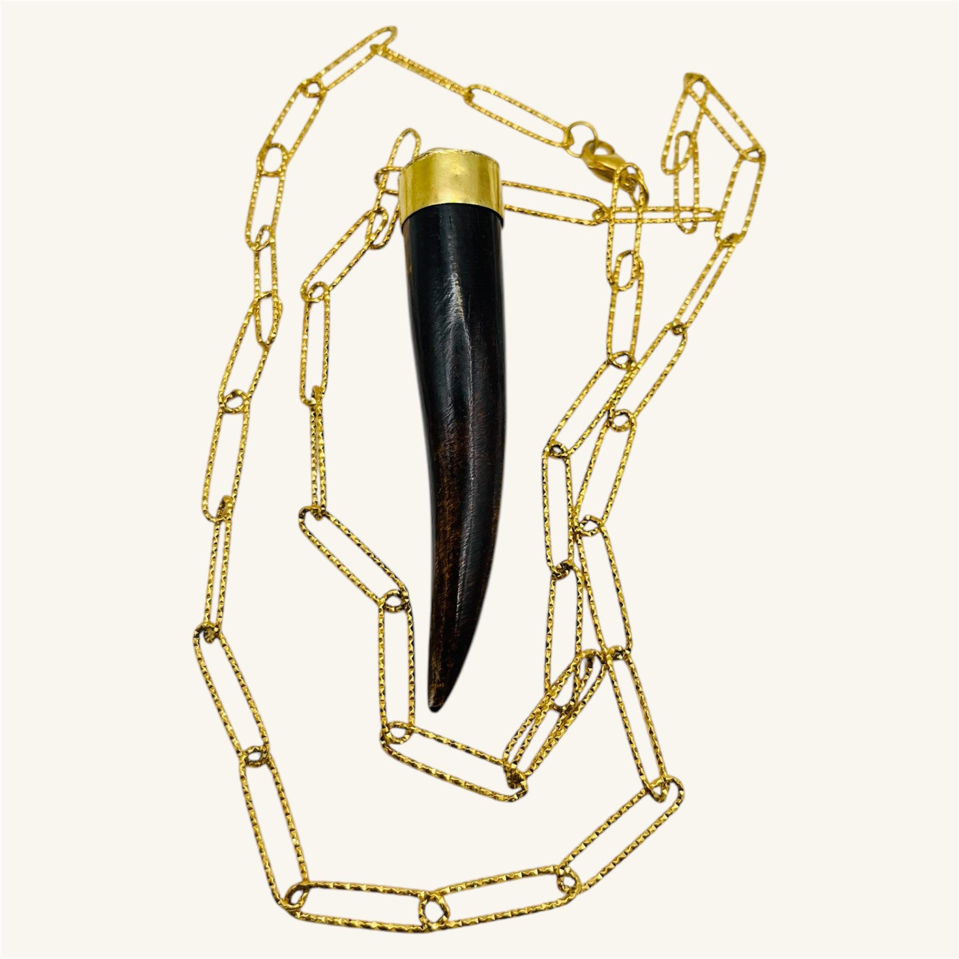 Polished Dark Horn Pendant – Gold Paperclip Chain Necklace