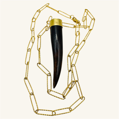 Polished Dark Horn Pendant – Gold Paperclip Chain Necklace