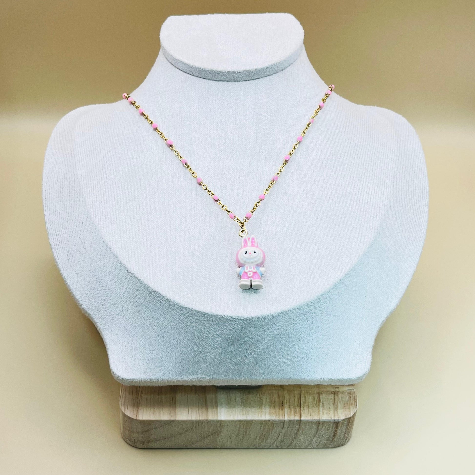 Labubu Kawaii Necklace – Gold-Plated Beaded Chain with Enamel Cartoon Charm
