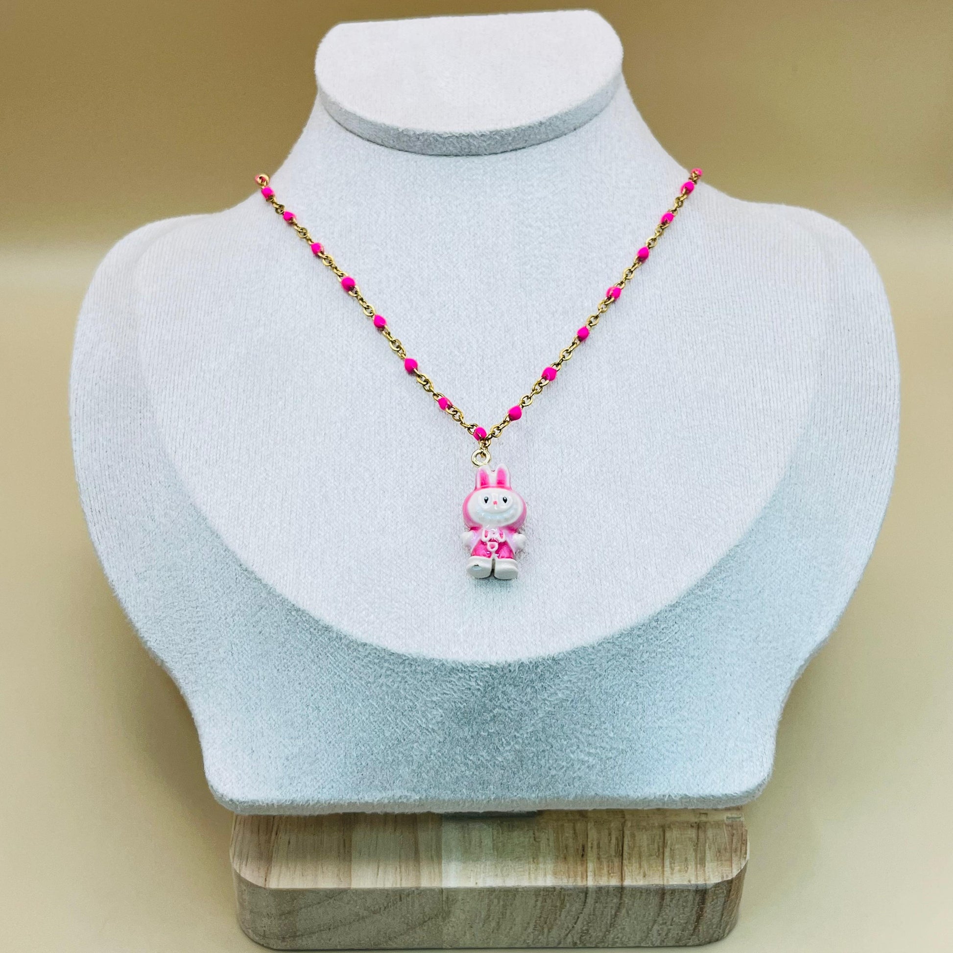 Labubu Kawaii Necklace – Gold-Plated Beaded Chain with Enamel Cartoon Charm
