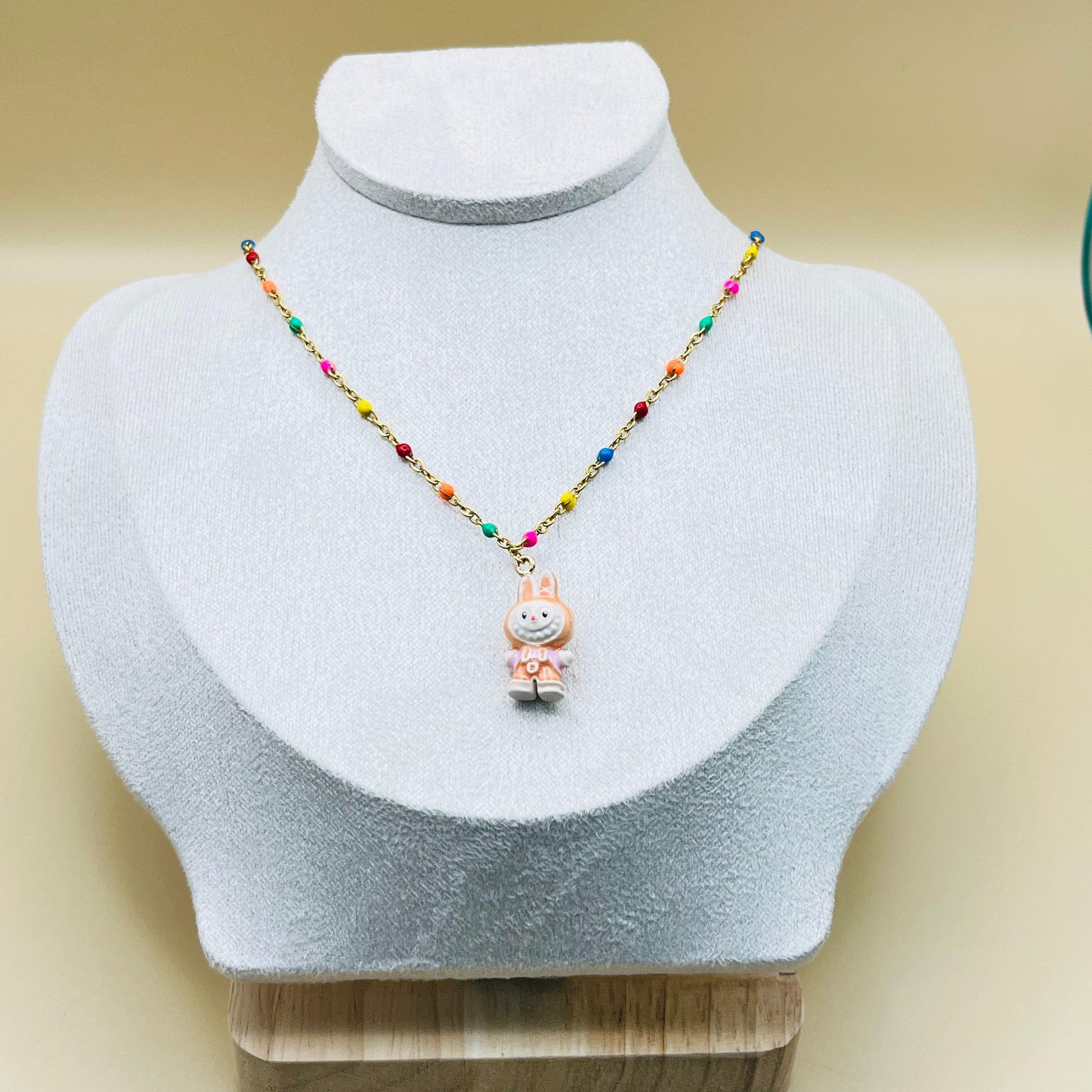 Labubu Kawaii Necklace – Gold-Plated Beaded Chain with Enamel Cartoon Charm