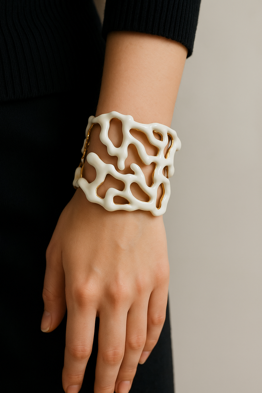 White coral-like bracelet on a wrist against a neutral background