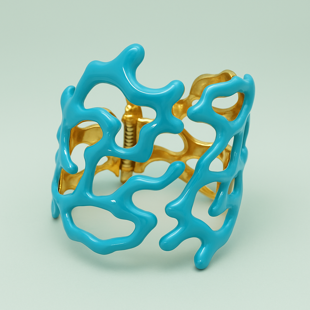 Turquoise and gold bracelet on a light green background