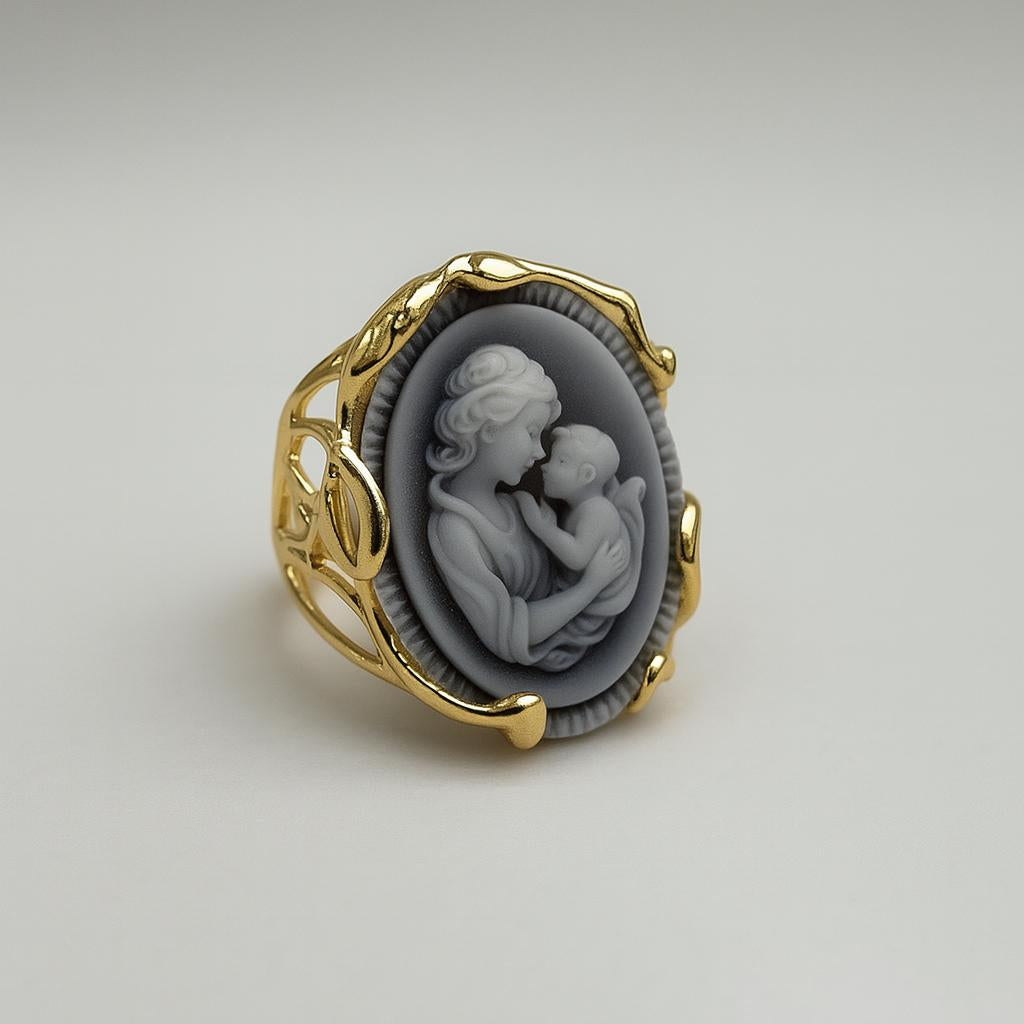 Gold-plated handmade vintage cameo ring with mother and child design – PARNIN Jewellery