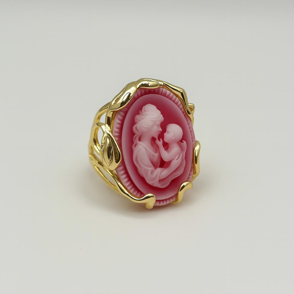 Gold-plated handmade vintage cameo ring with mother and child design – PARNIN Jewellery