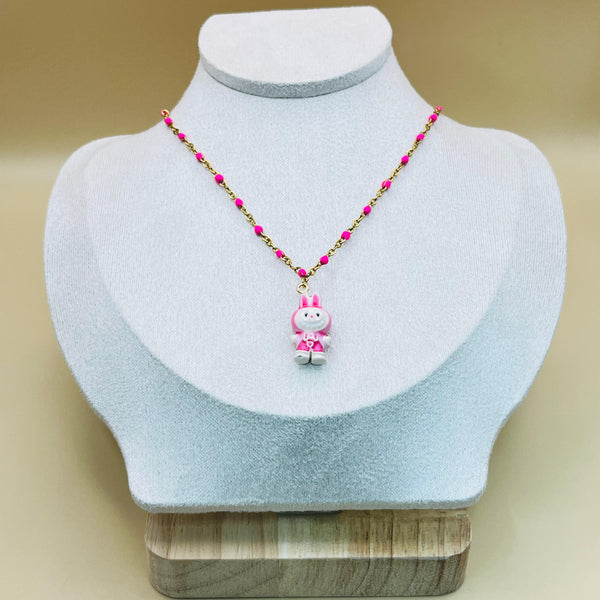 Labubu Kawaii Necklace – Gold-Plated Beaded Chain with Enamel Cartoon Charm