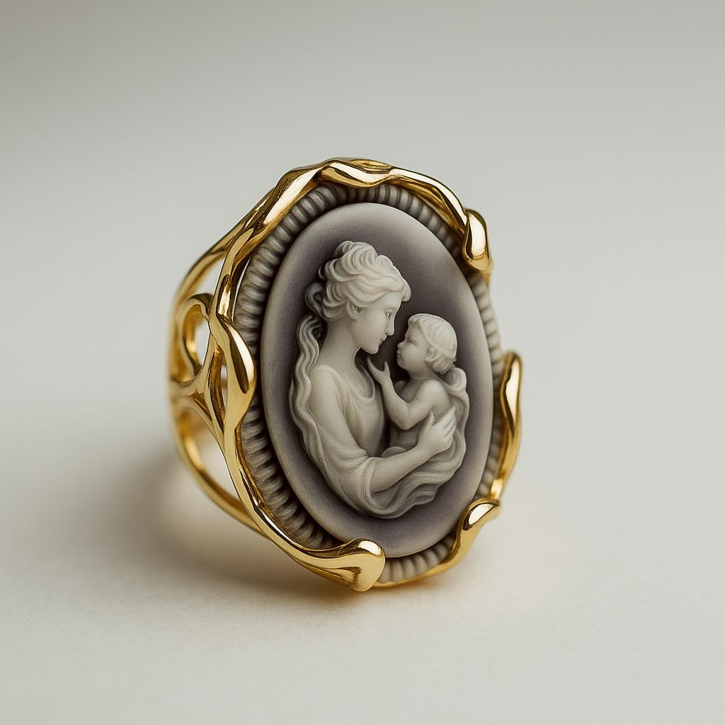 Gold-plated handmade vintage cameo ring with mother and child design – PARNIN Jewellery